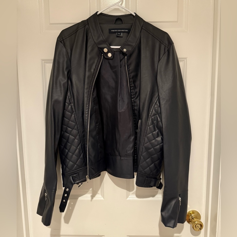 Navy Faux Leather Jacket, French Connection, XXL